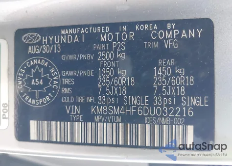 2013 Hyundai Santa Fe Xl from USA, damaged, VIN KM8SM4HF6DU032216